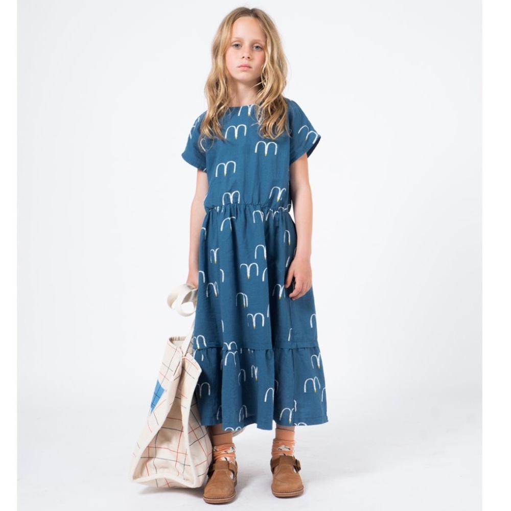Bobo Choses Birds Princess Dress Blue Linen Blend 6-7y